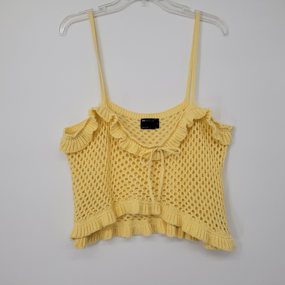 ASOS DESIGN Yellow Crochet Knit Ruffle Cami Top Tie Front‎